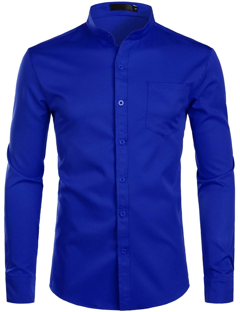 ZEROYAA Men's Banded Collar Slim Fit Long Sleeve Casual Button Down Dress Shirts with Pocket ZLCL09 Blue X-Large - Image 1